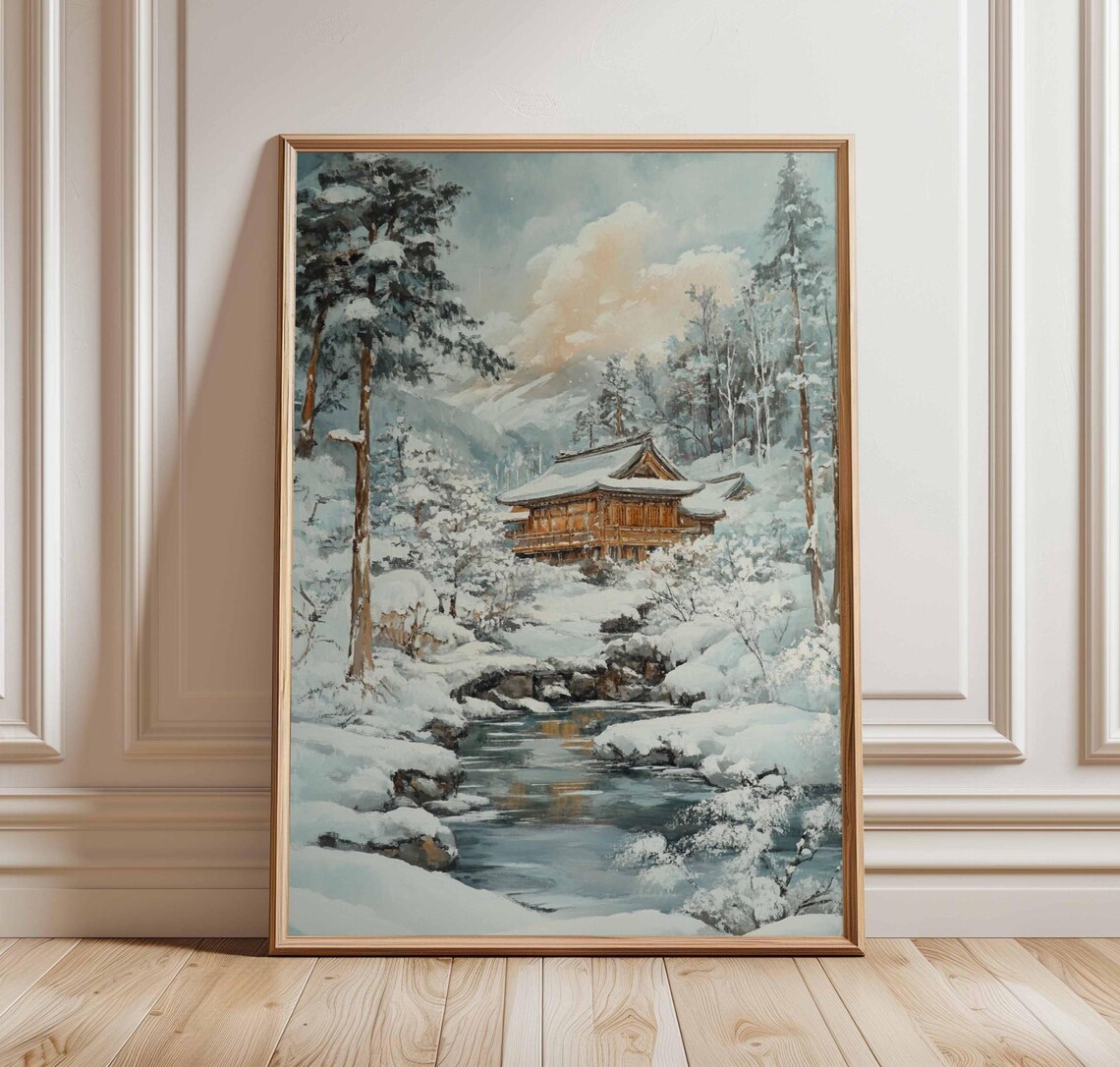 Japanese Winter Landscape Snowy Temple By Frozen Stream Art Poster