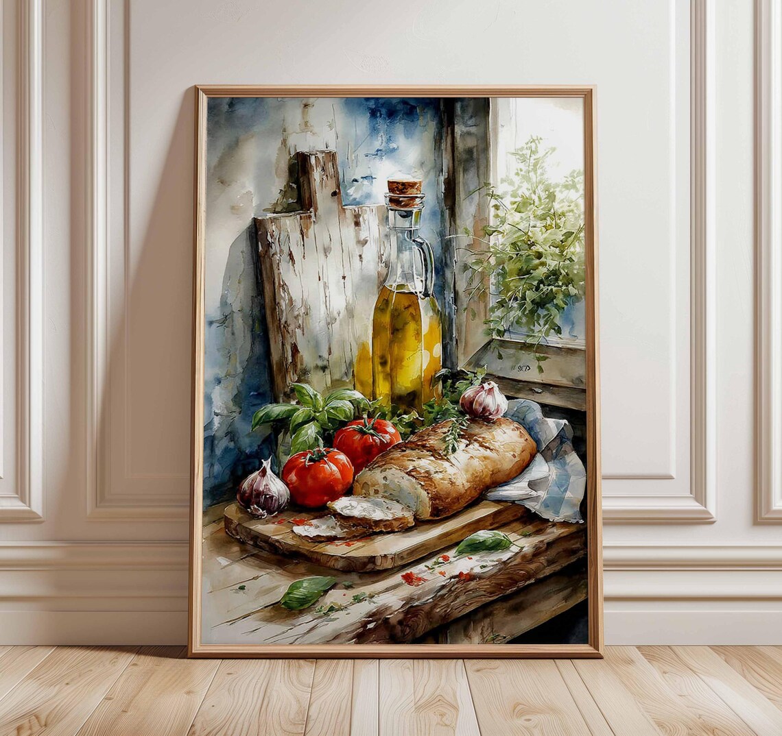Rustic Kitchen Still Life Watercolor Bread Tomatoes Olive Oil Art Poster