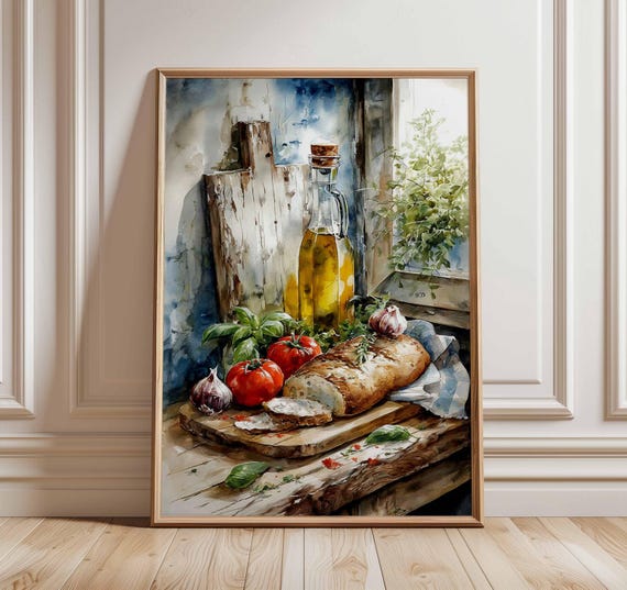 Rustic Kitchen Wall Art Print Still Life Bread And Tomato Poster Mediterranean Food Painting Farmhouse Dining Room Decor