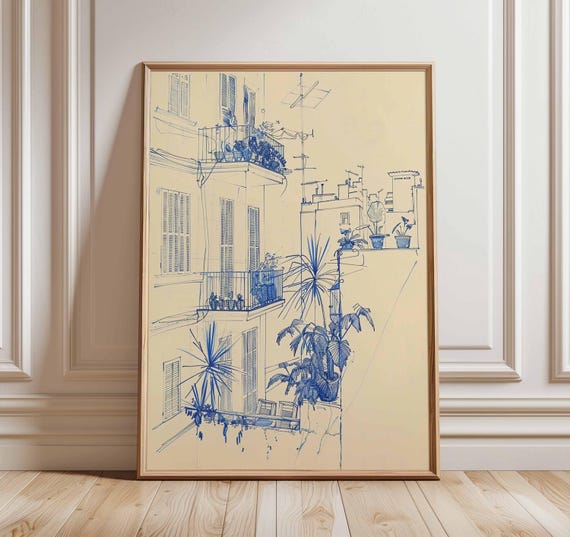 Mediterranean Wall Art Balcony Poster Blue Line Print Cityscape Artwork Urban Architecture Decor Minimal Travel