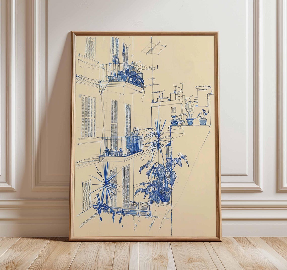 Mediterranean Balcony Blue Line Sketch Cityscape Building Poster