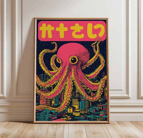 Giant Octopus Poster Tokyo City Wall Art Japanese Urban Illustration Print Bold Neon Graphic