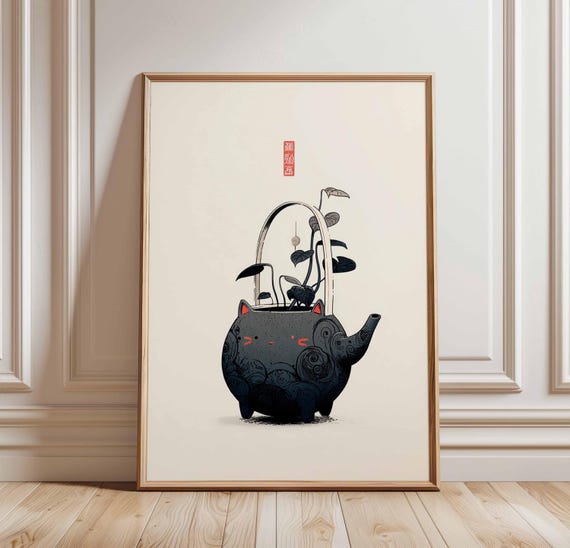 Cat Teapot Poster Japanese Style Wall Art Whimsical Kitchen Print Kawaii Decor Cute Illustration Zen Minimalist