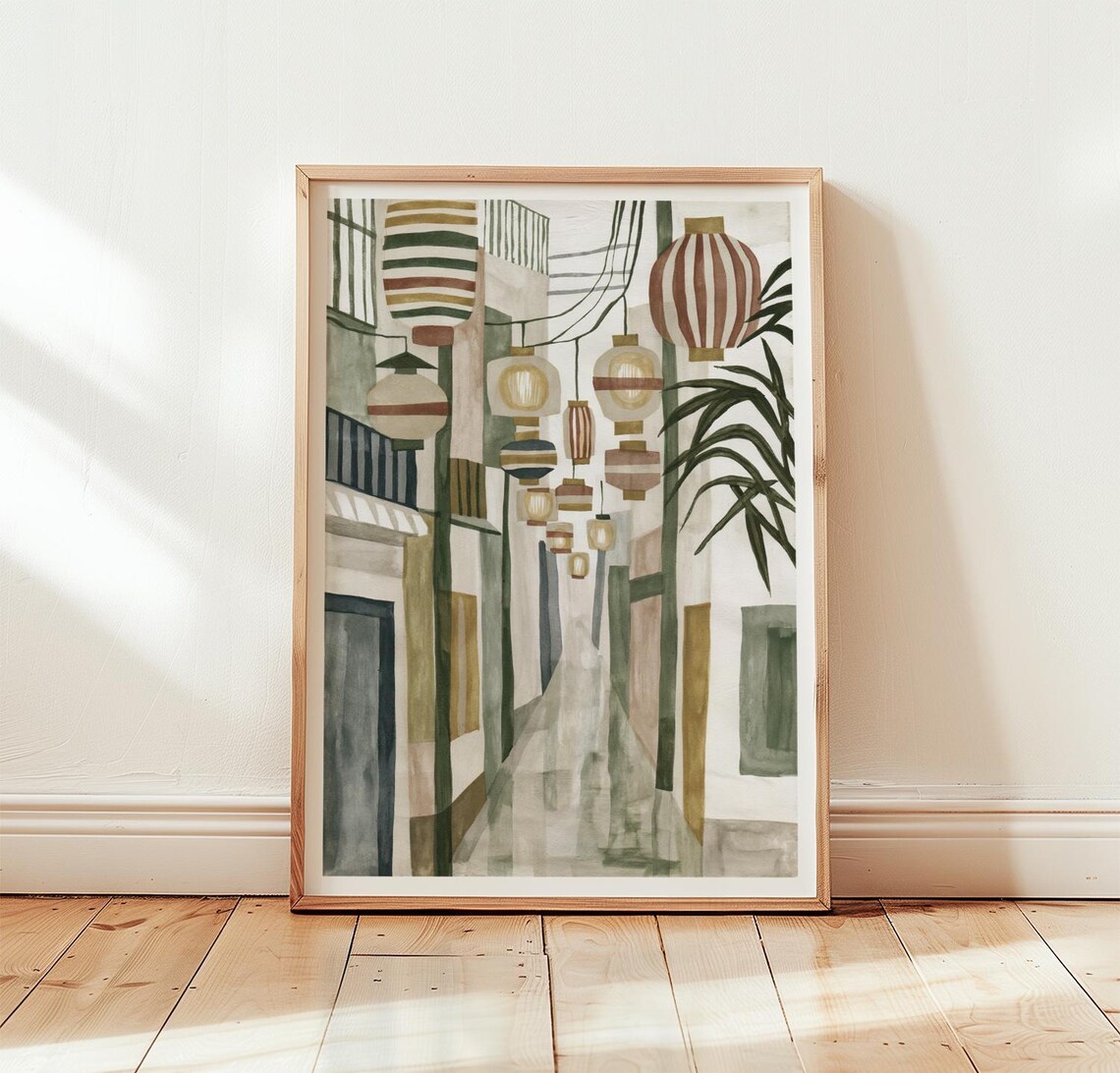 Japanese Lantern Alley Watercolor Street Night Linocut Art Poster
