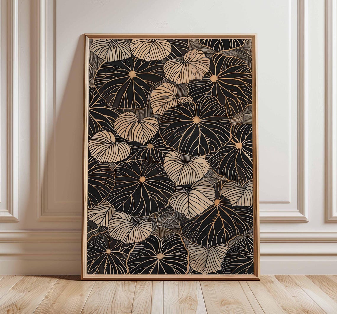 Japandi Black Beige Tropical Leaf Line Pattern Botanical Poster