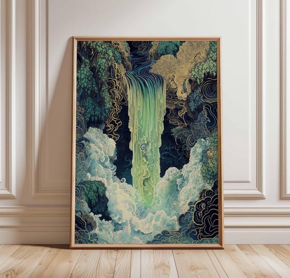 Waterfall In Forest Poster Abstract Nature Art Flowing With Gold Accents Mystical Landscape Print Tranquil Wall Decor