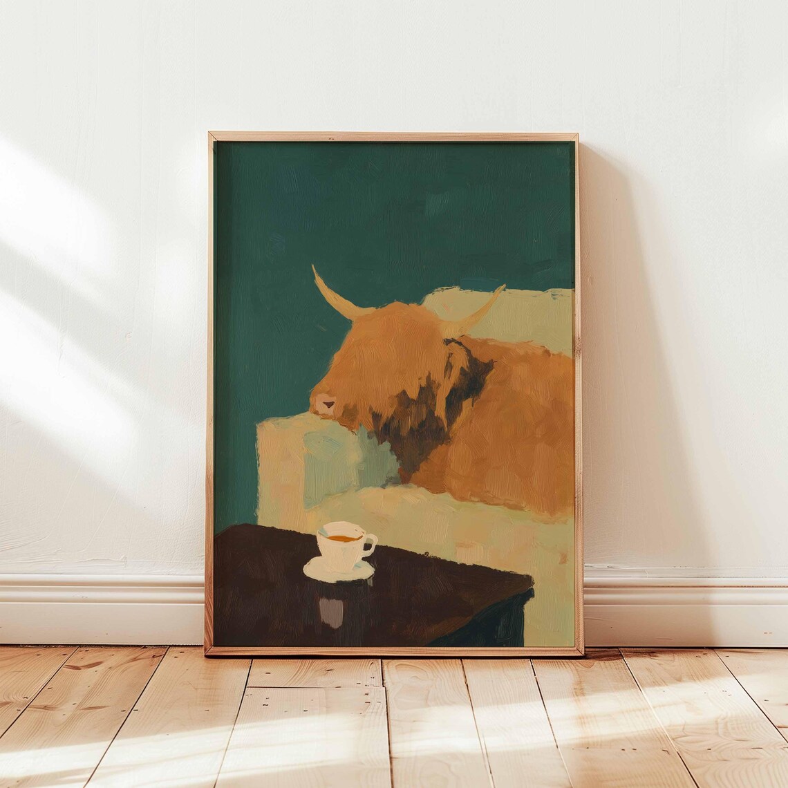 Highland Cow Lounging On Sofa Coffee Moody Farmhouse Art Poster