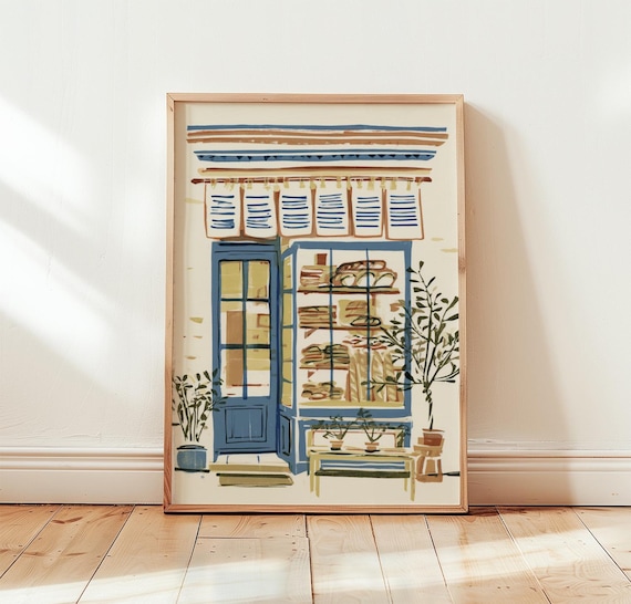 Blue Door Bakery Shop Front Illustration Baked Goods Art Poster