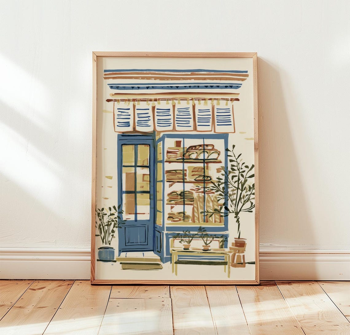 Blue Door Bakery Shop Front Illustration Baked Goods Art Poster