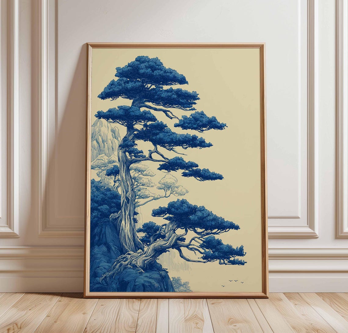 Japanese Blue Pine Tree Ink Illustration Zen Minimalist Art Poster