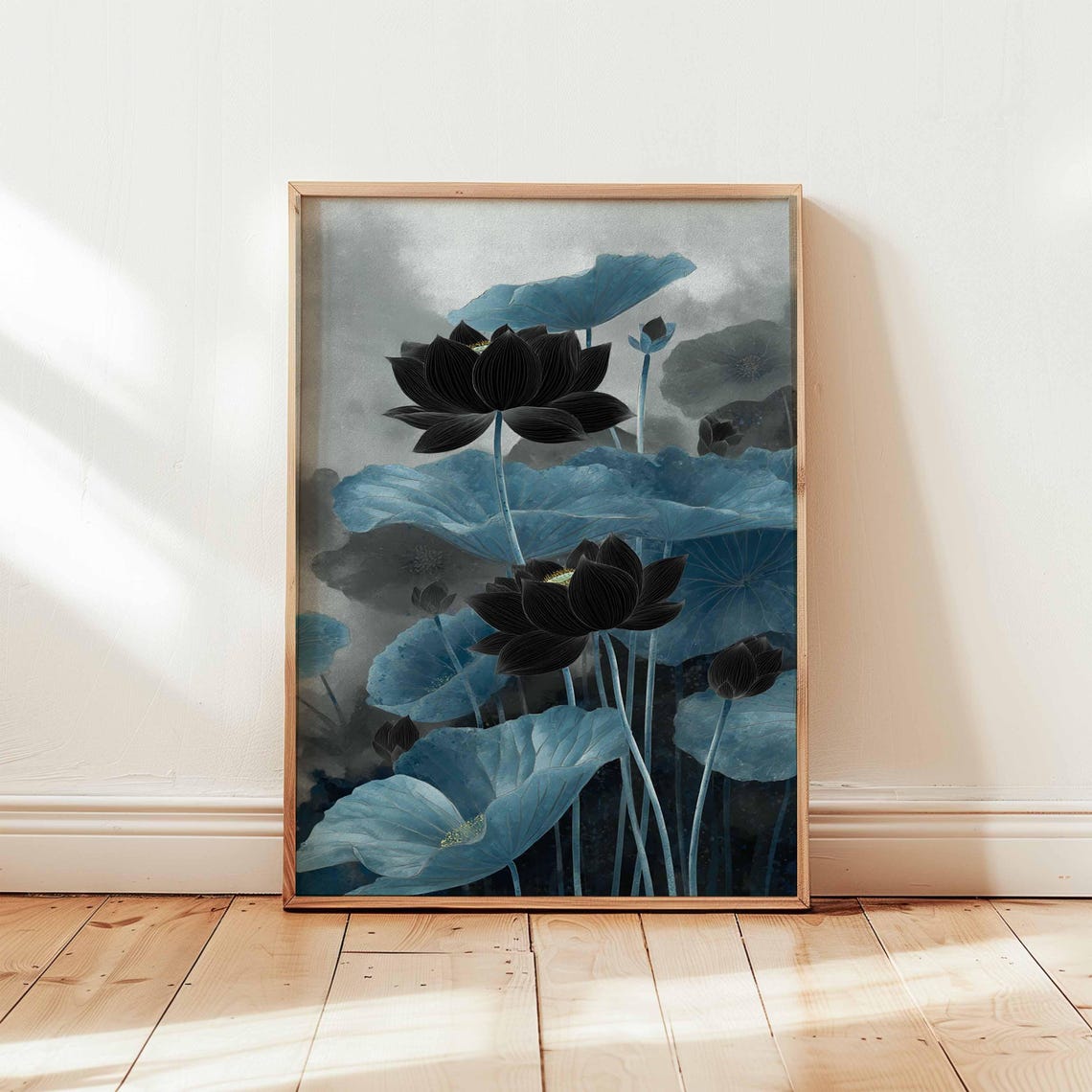 Black Lotus Flowers Blue Leaves Japanese Night Botanical Poster