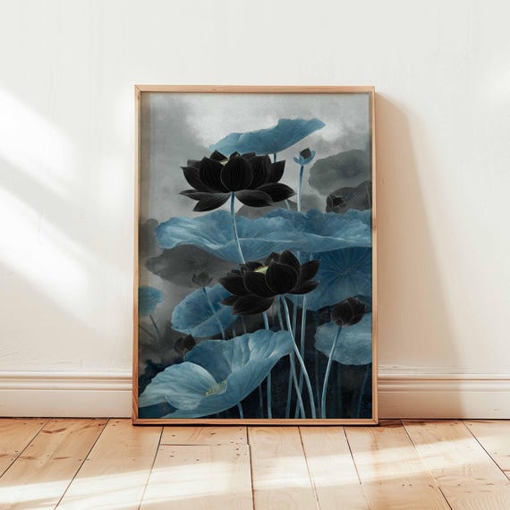 Black Lotus Flowers Blue Leaves Japanese Night Botanical Poster