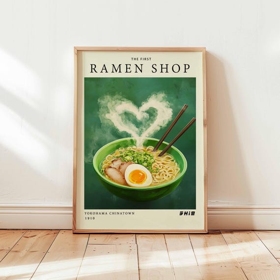 Ramen Shop Poster Steaming Noodle Bowl Wall Art Print Green Kitchen Decor Heart Shaped Steam Japanese Food Illustration Unframed