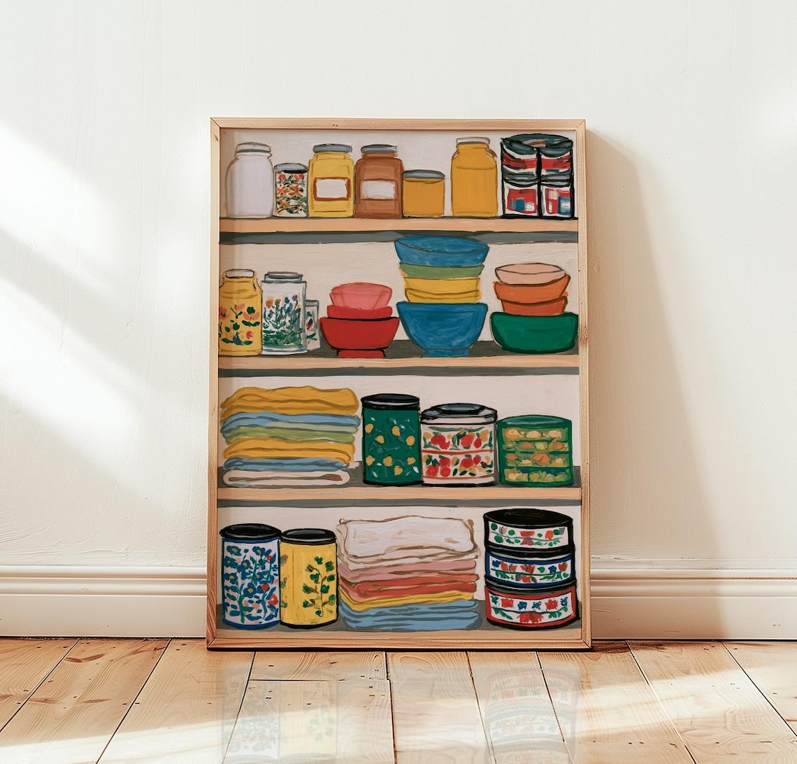 Pantry Shelves Still Life, Colorful Kitchen Folk Illustration