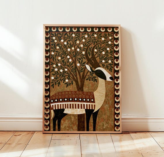 Folk Antelope Poster Rustic Wildlife Wall Art Vintage Nature Print