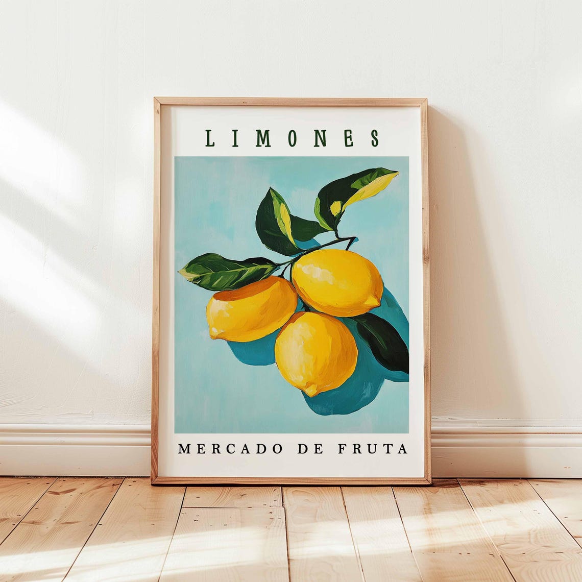 Limones Three Lemons Branch on Turquoise Blue Background Fruit Poster