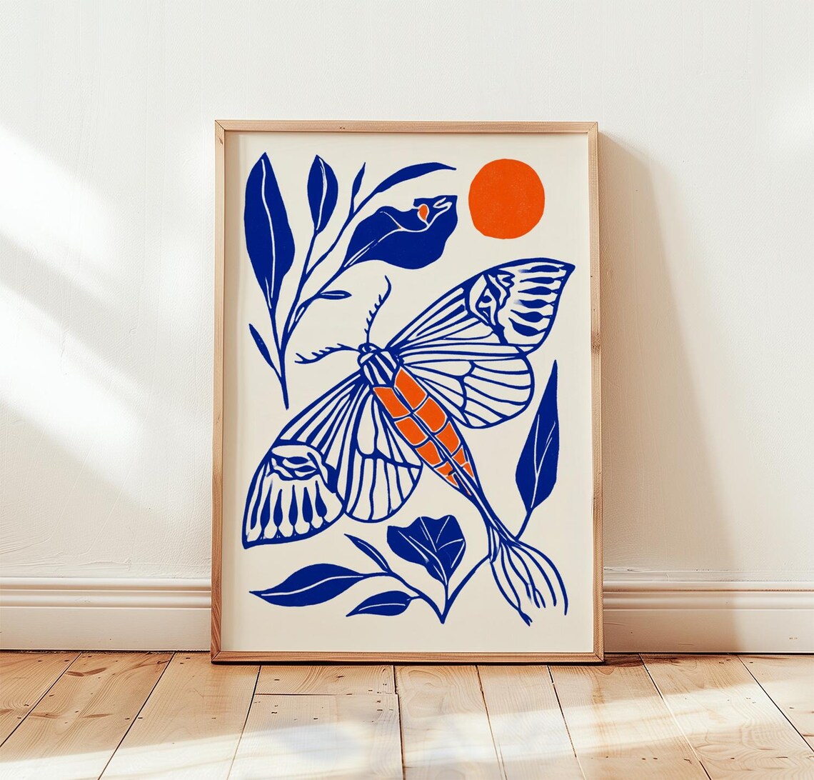 Blue Moth Orange Sun Stone Lithograph Poster