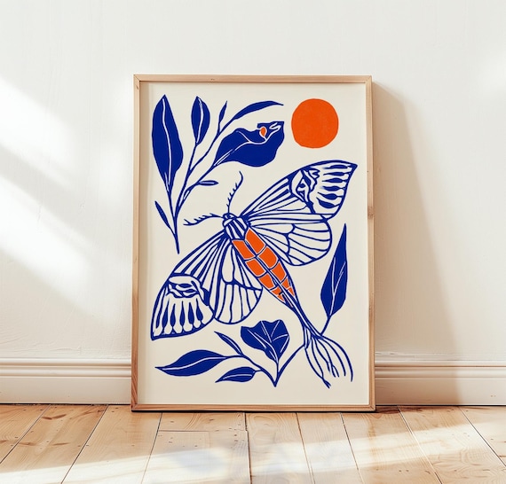 Blue Moth Orange Sun Stone Lithograph Poster