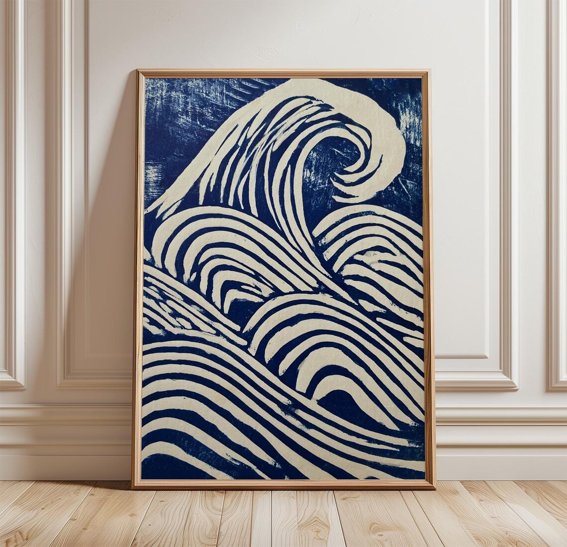 Blue Ocean Wave Minimalist Japanese Linocut Coastal Swirl Art Poster