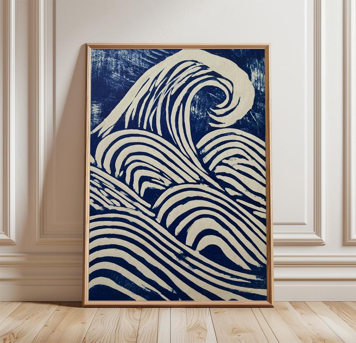 Blue Ocean Wave Poster Coastal Wall Art Minimalist Linocut Print