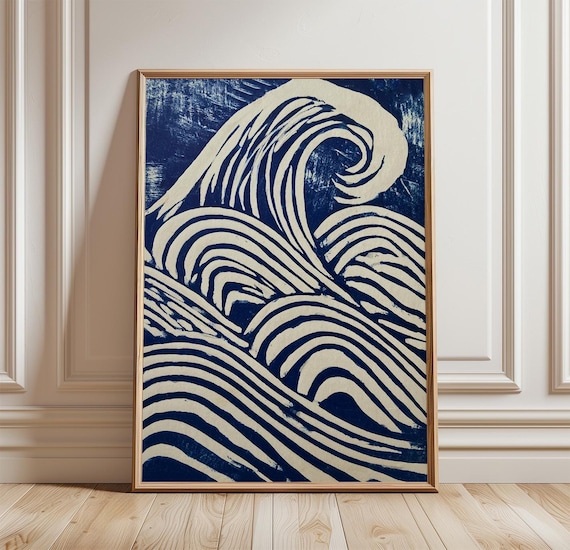 Blue Ocean Wave Minimalist Japanese Linocut Coastal Swirl Art Poster