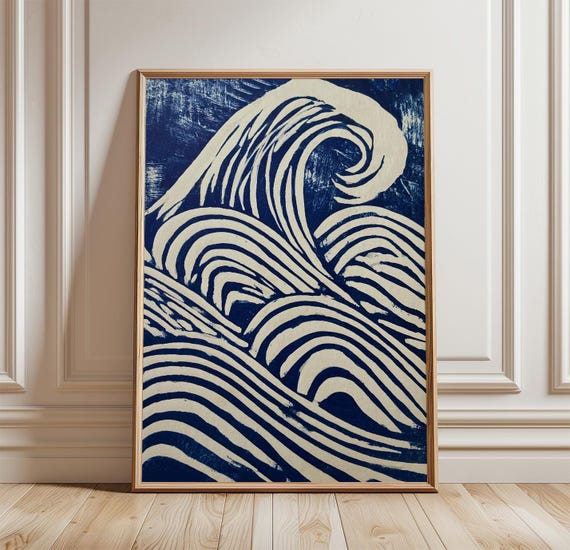 Blue Ocean Wave Poster Coastal Wall Art Minimalist Linocut Print