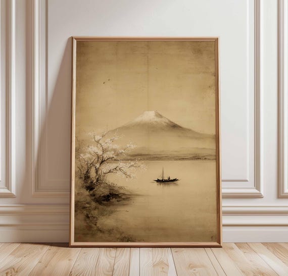Mount Fuji Wall Art Print Vintage Japanese Landscape Poster Ink Wash River Scene Cherry Blossom Tree Traditional Asian Decor