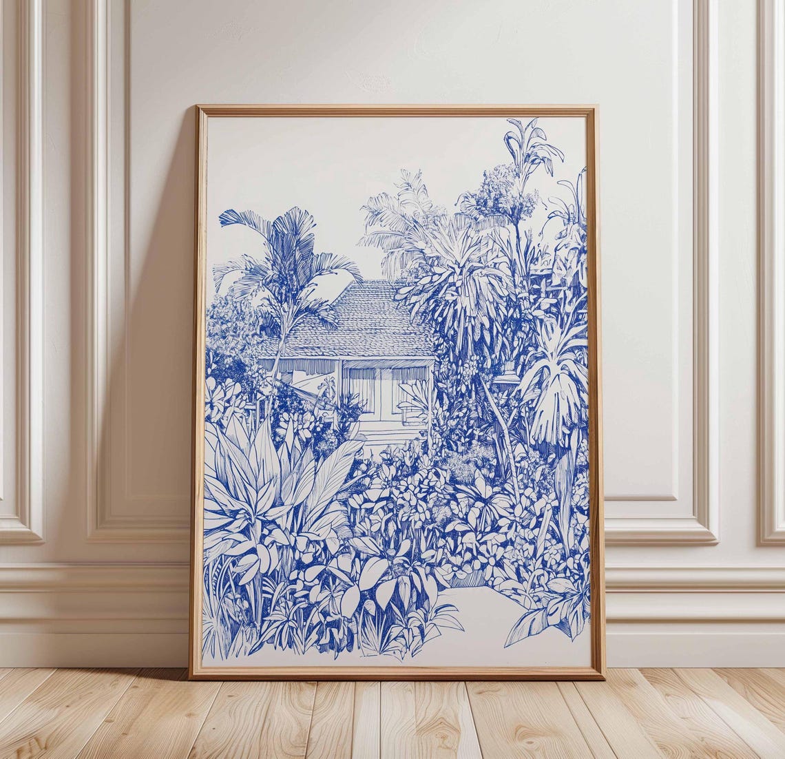 Blue White Tropical House Garden Line Drawing Poster Botanical Art