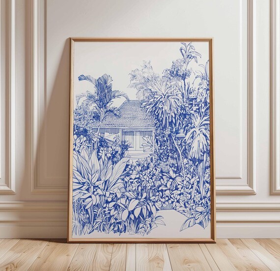 Tropical House And Garden Poster Blue White Botanical Art Abstract Plant Print Exotic Nature Detailed Decor