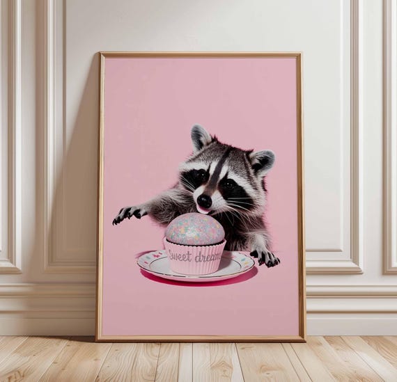 Cute Raccoon Cupcake Poster Funny Animal Wall Art Whimsical Nursery Print Pastel Pink Bedroom Decor Sweet Dreams Illustration