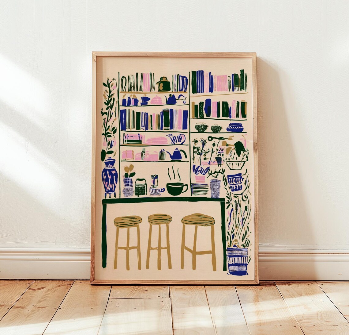 Book Caf Poster, Cozy Interior Art
