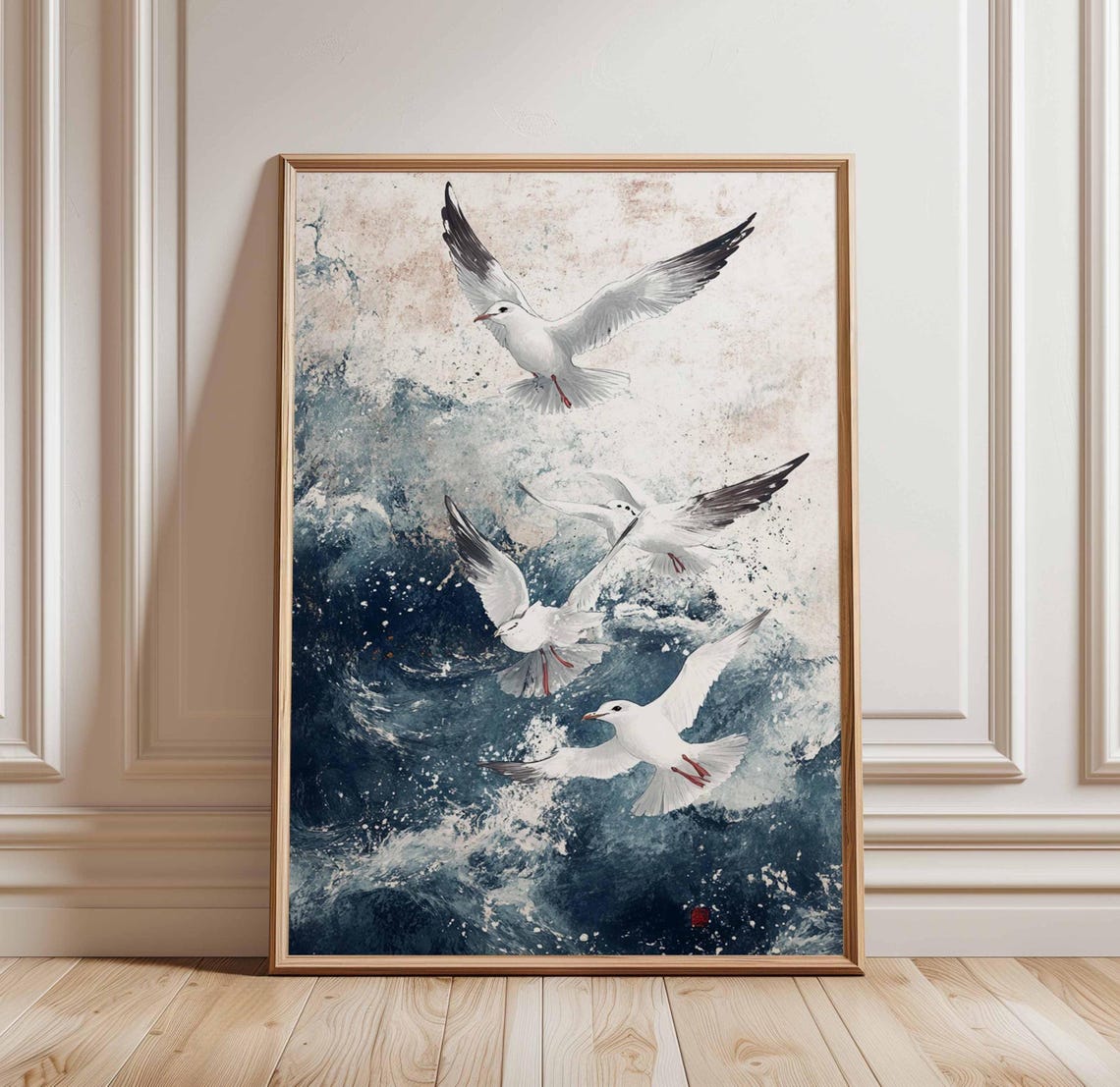 Seagulls Soaring Over Ocean Waves Japanese Style Seascape Poster
