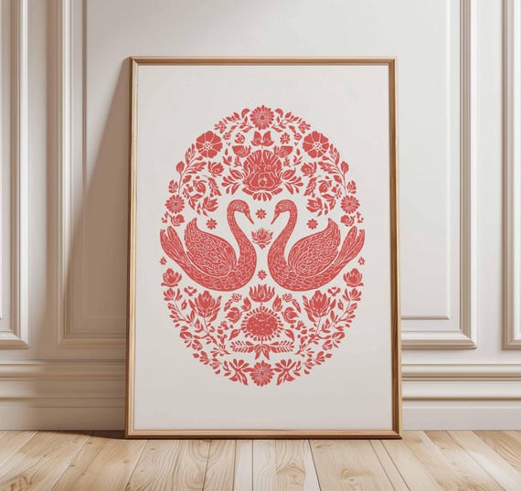 Folk Art Swan Poster Red Scandinavian Style Bird And Floral Wall Print Boho Nature Illustration Modern Rustic Nordic Home Decor