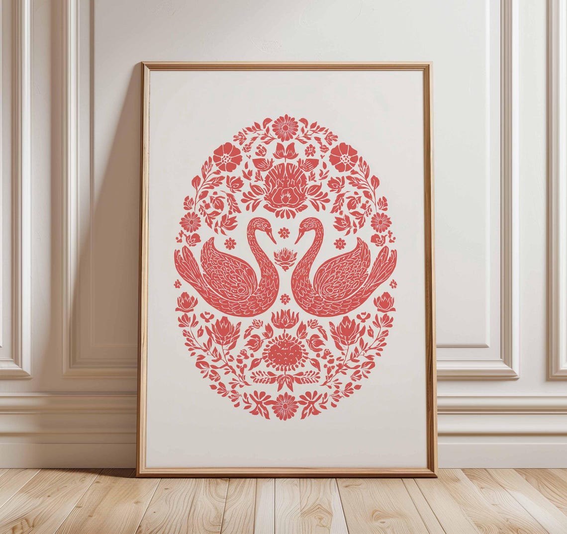 Folk Art Swan Red Scandinavian Floral Bird Boho Nature Wall Print