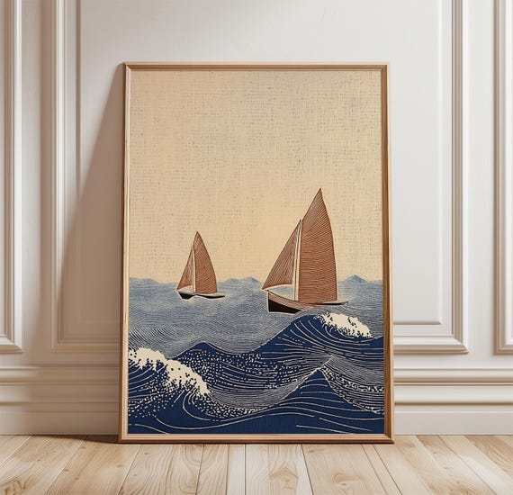 Sailboat Ocean Poster Vintage Coastal Wall Art Print Minimalist Seascape Illustration Blue Wave Nautical Decor Woodblock Style