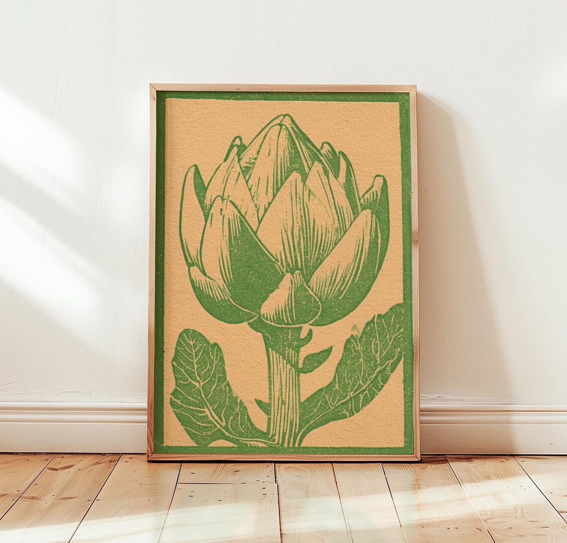 Artichoke Poster, Botanical Linocut Vintage Kitchen