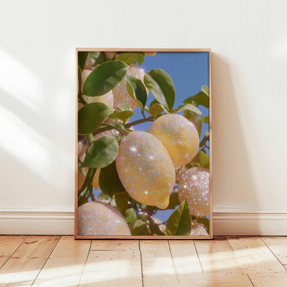 Sparkly Lemon Tree Art Print Glitter Fruit Poster Whimsical Summer Kitchen Wall Decor Citrus Artwork Unframed