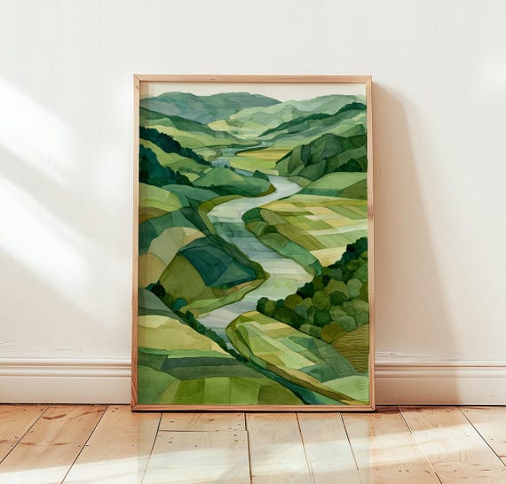 Green River Valley Landscape Print Watercolor Nature Wall Decor Scenic Hills Poster