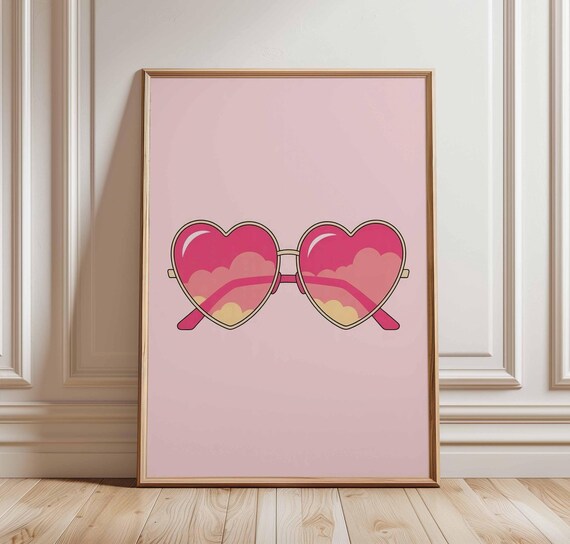 Pink Heart Sunglasses With Fluffy Cloud Reflection Cute Summer Poster