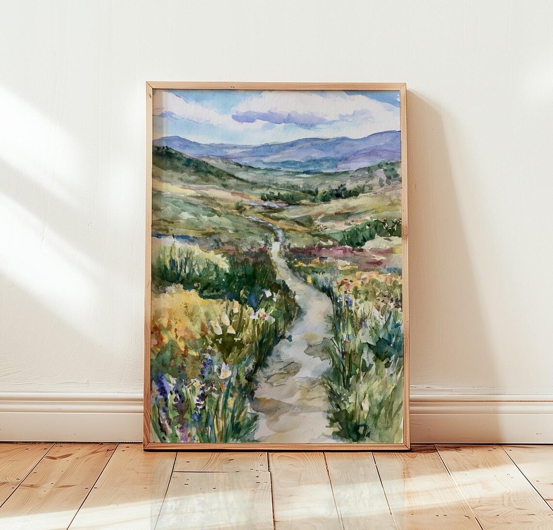 Wildflower Valley Path Watercolor Poster Mountain Meadow Landscape