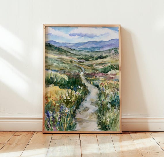 Watercolor Valley Landscape Print Rolling Hills Nature Wall Art Scenic Countryside Poster
