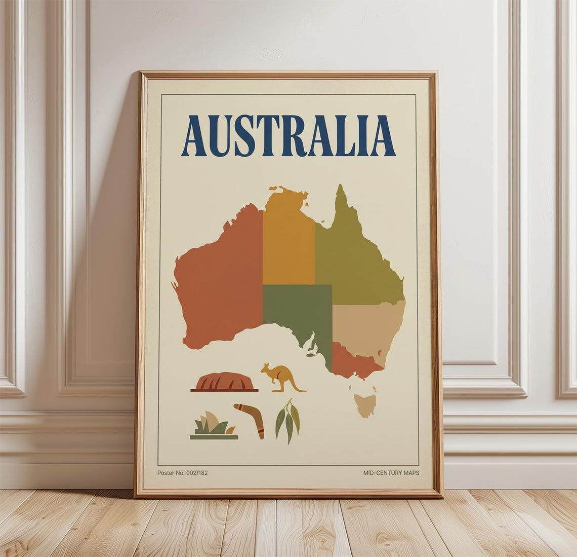 Australia Vintage Map Travel Poster Mid Century Kangaroo Coastal Art