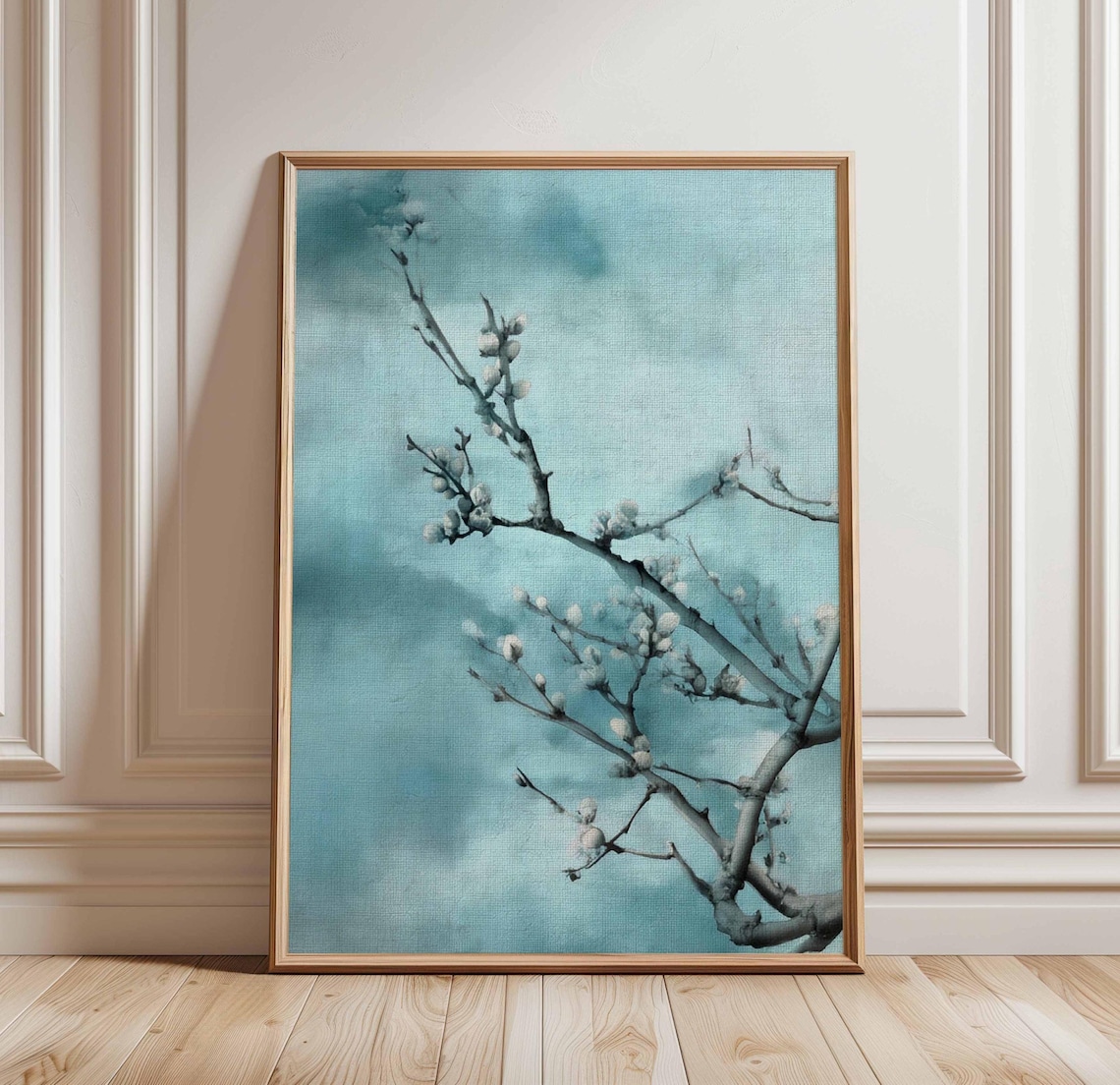 Winter Blossom Japanese Ink Minimalist Blue Nature Poster