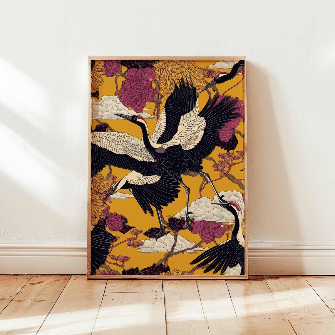 Dancing Cranes Golden Floral Japanese Oriental Bird Art Poster
