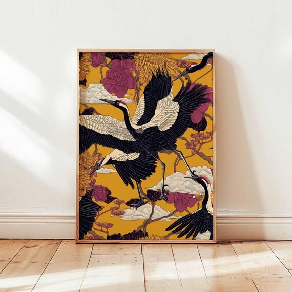 Bold Japanese Crane Poster Vintage Style Oriental Wall Art Golden Floral Bird Print Traditional Asian Decor Unframed Japandi Artwork