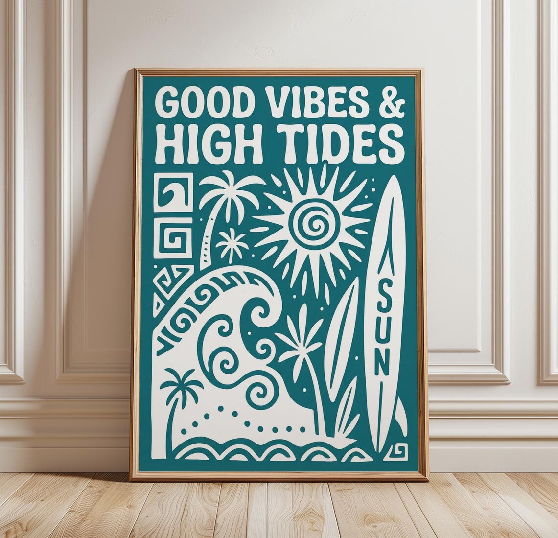 Good Vibes And High Tides Teal Retro Beach Surf Quote Wall Art