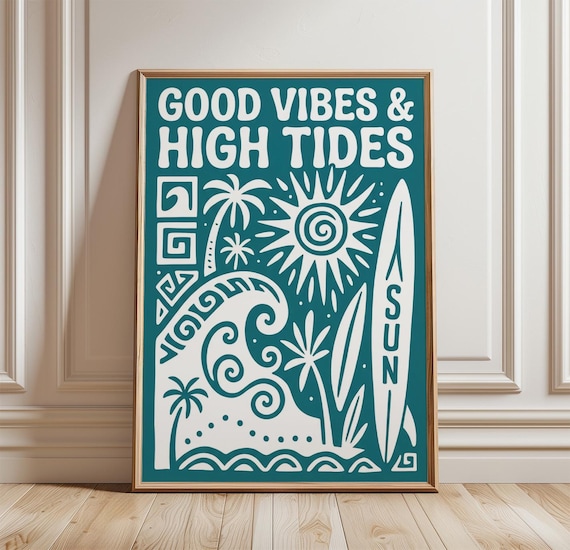 Good Vibes And High Tides Teal Retro Beach Surf Quote Wall Art