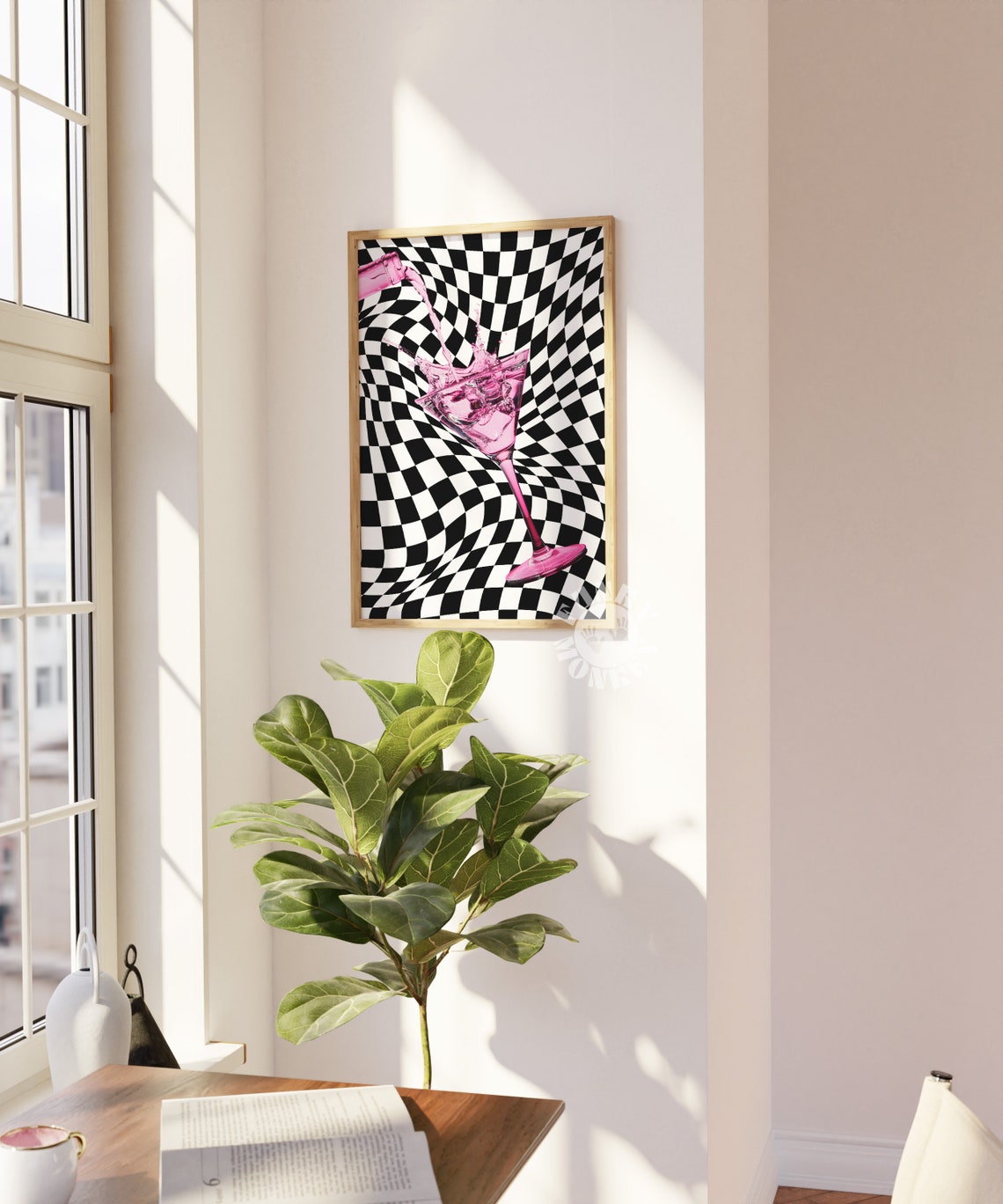Pink Martini Splash Checkerboard Maximalist Bar Wall Decor Poster