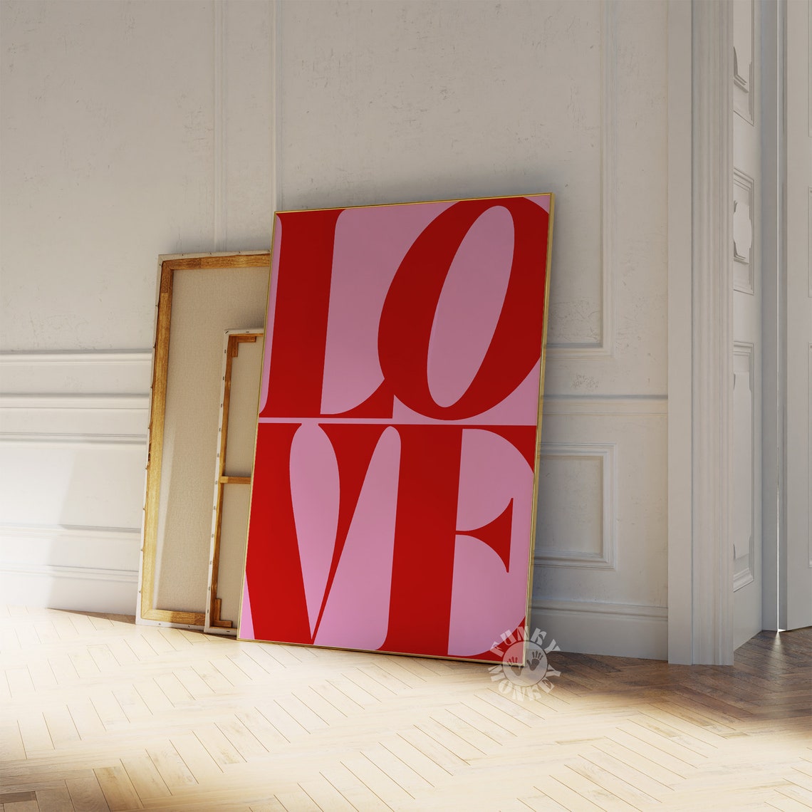 Love Red Bold Typography Poster on Pink Modern Chic Wall Decor Art