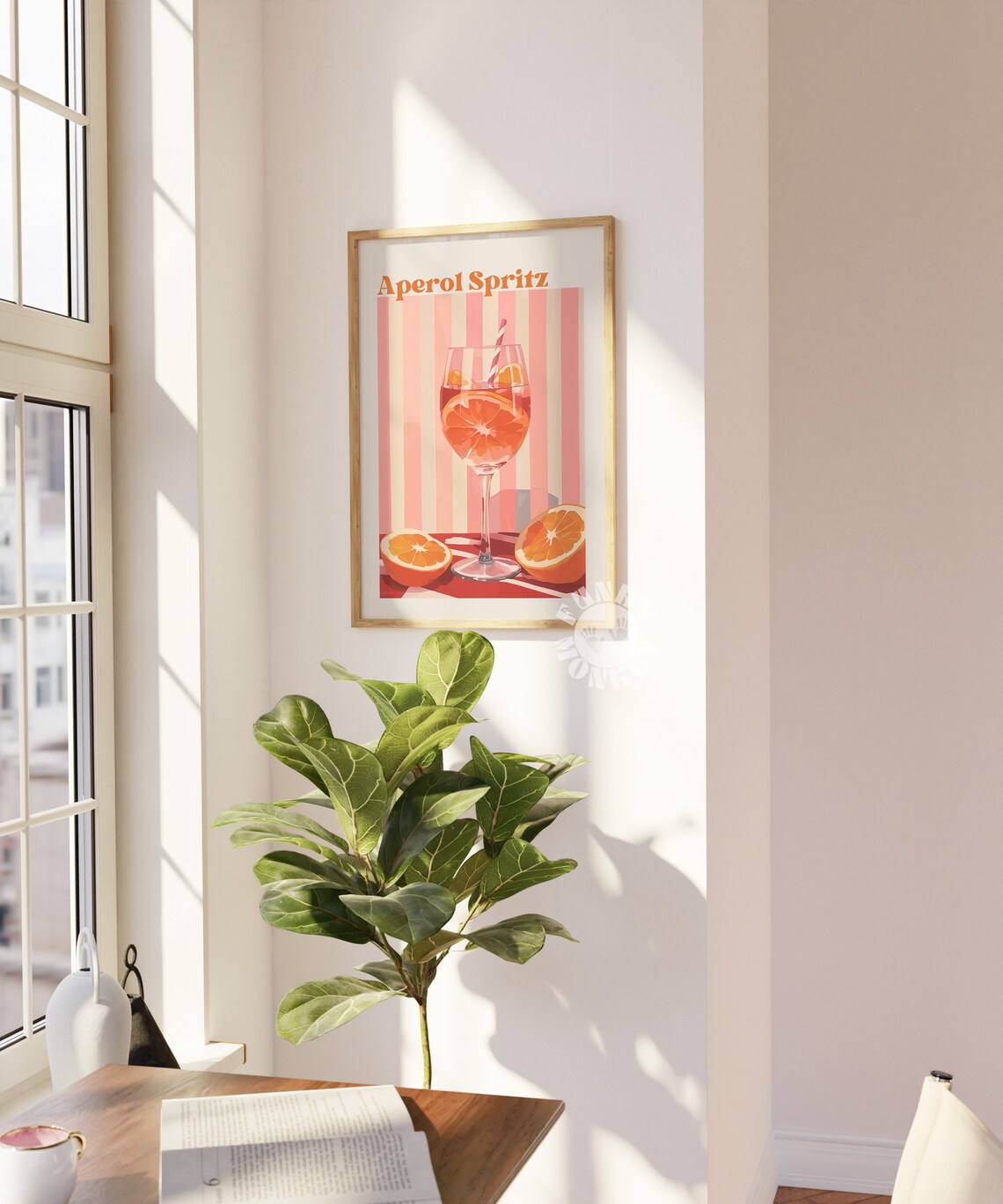 Retro Aperol Spritz Cocktail Illustration Pink Striped Kitchen Bar Poster